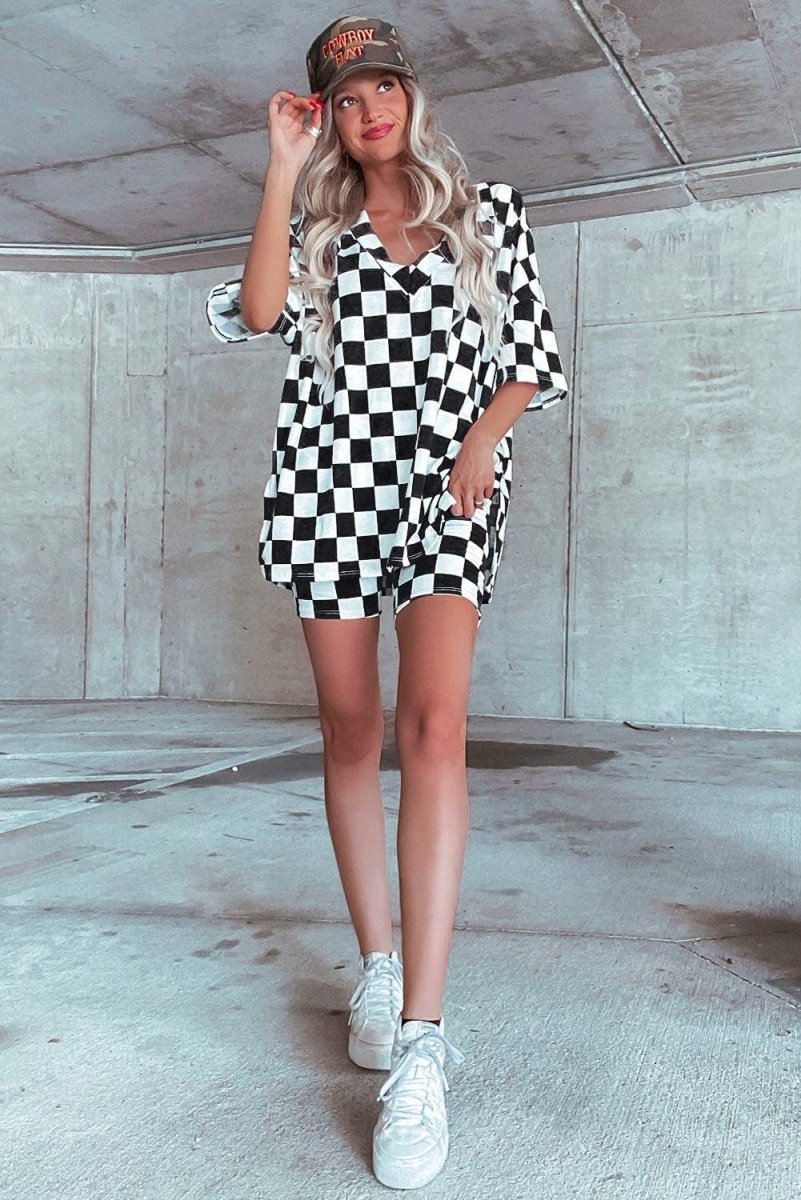 Black Checkerboard Print V Neck Loose Tee and Shorts Set - Love Salve